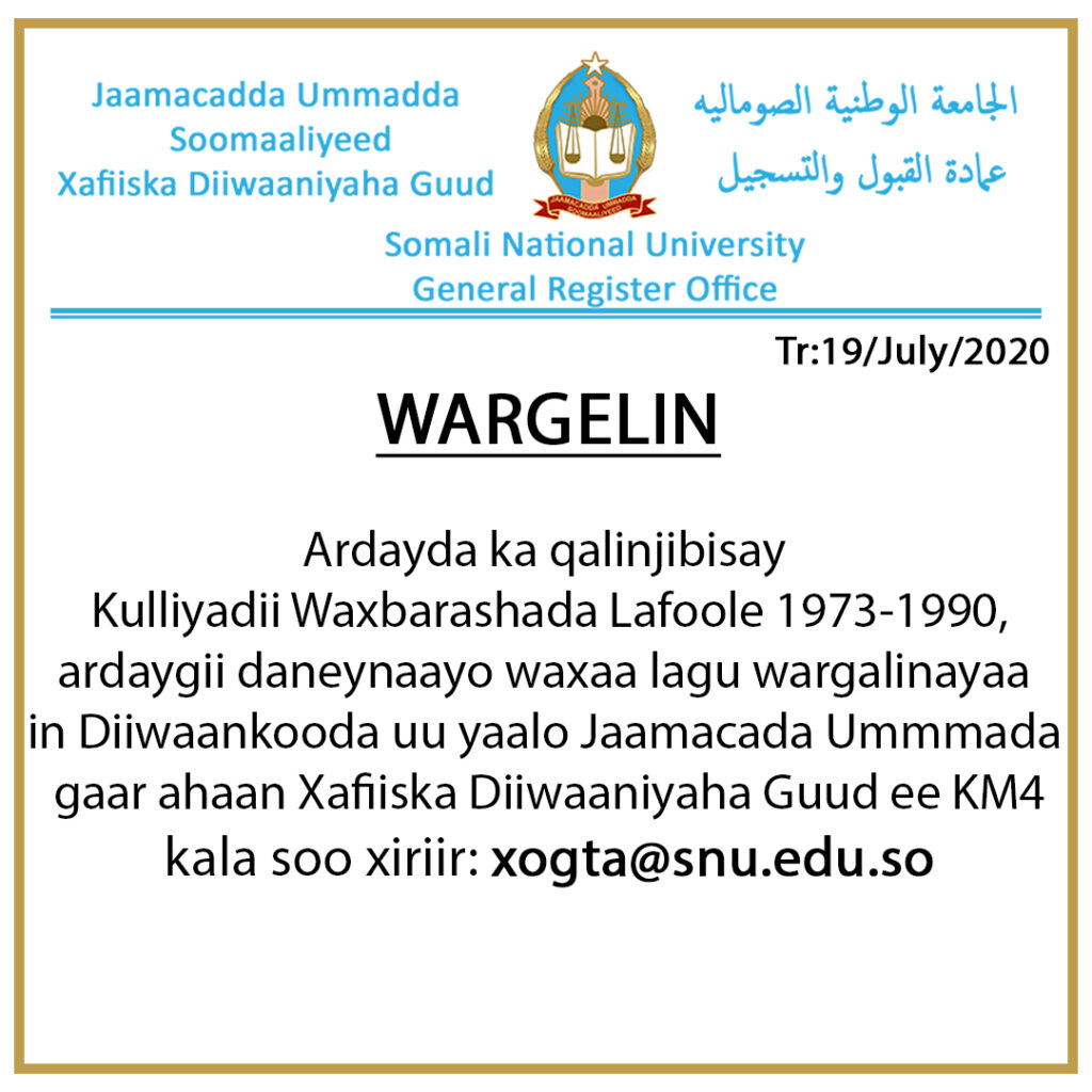 Wargelin ku Socota Qalin Jabiyayaasha Kuliyadii Waxbarashada Lafoole 1973 - 1990